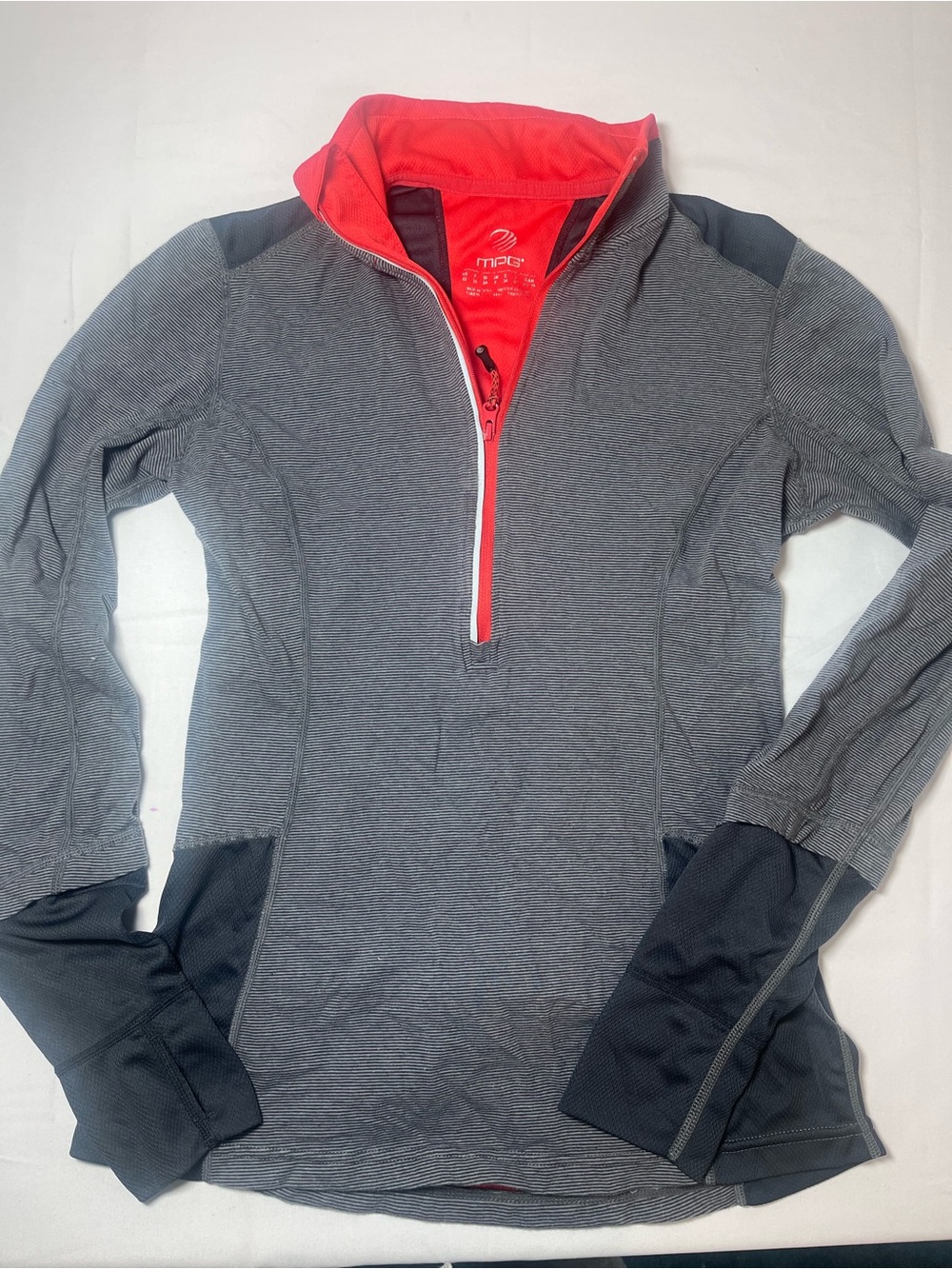MPG Grey Striped Quarter-Zip Pullover with Red Trim
